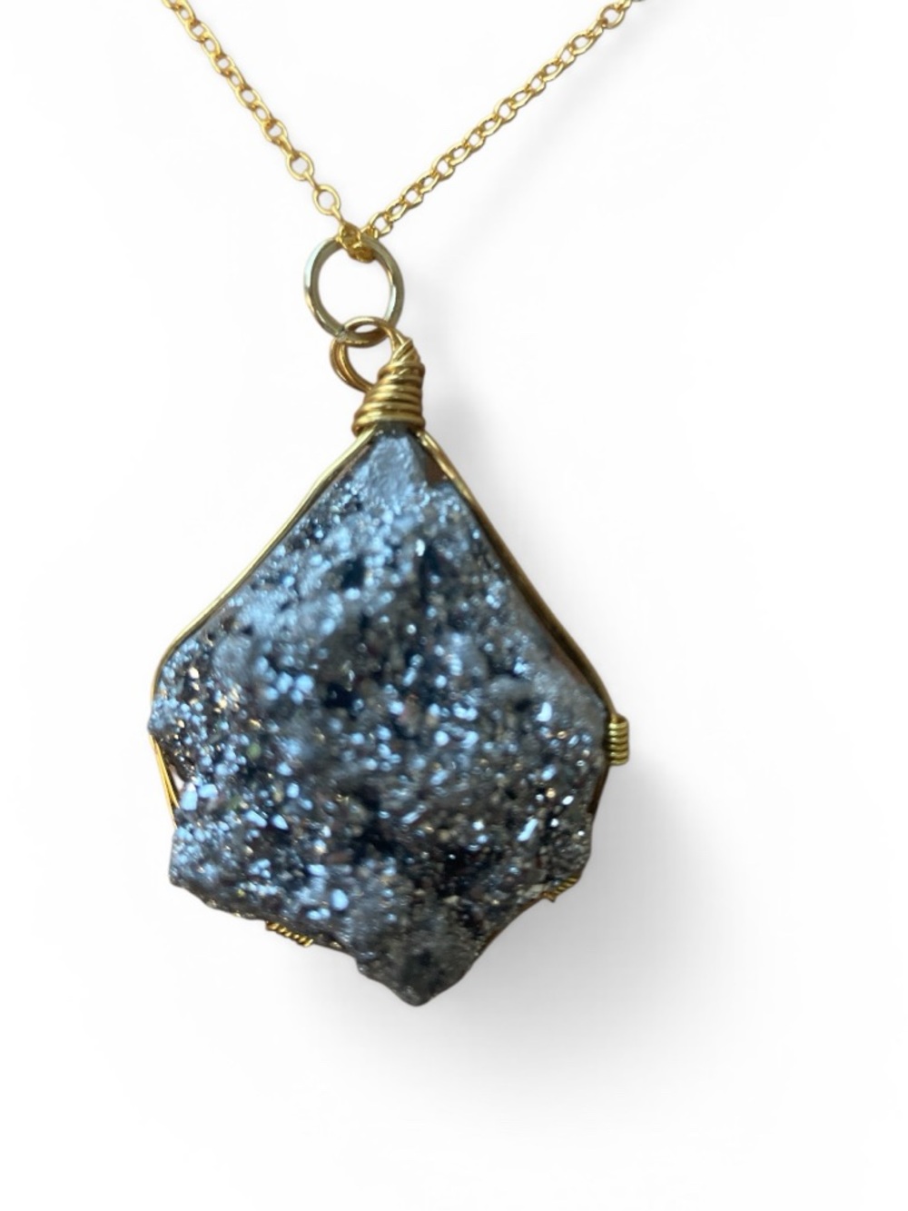 Gold Wire-Wrapped Sparkling Blue Druzy Pendant Necklace